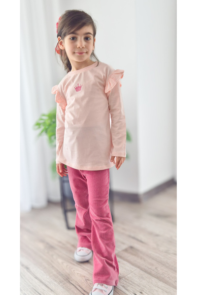 BALKABAĞI Queen Sleeves Ruffled Tshirt Cotton Velvet Ribbed Leggings Set (2-9 Years Old)