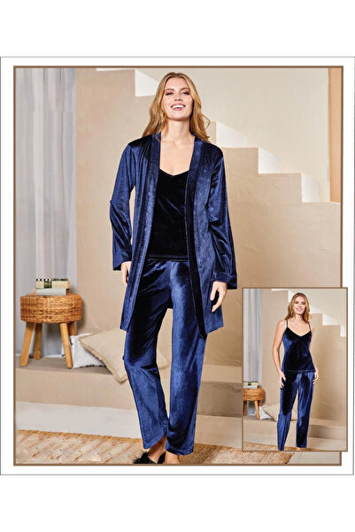 buHillco Flz Navy Blue Patterned Velvet Dressing Gown Women's Pajama Set