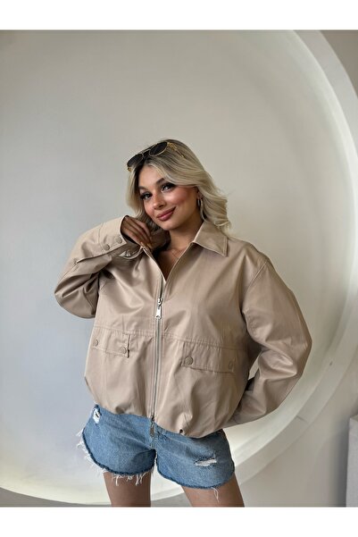 FEHUBLOOM Women's Beige Stripe Detailed Bomber Jacket