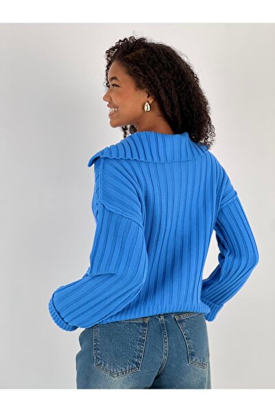 Miss Poem Women's Ribbed Polo Neck Blue Knit Sweater