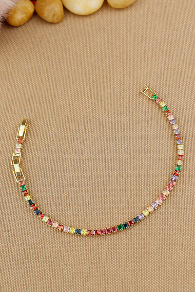 Keyifli Hayaller 3mm Renkli Taşlı Kare Su Yolu Çelik Bileklik 19cm (Renk Sıraları farklılık gösterebilir)