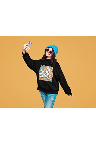 ArtYus Who Cares Colorful Printed Crew Neck Sweatshirt