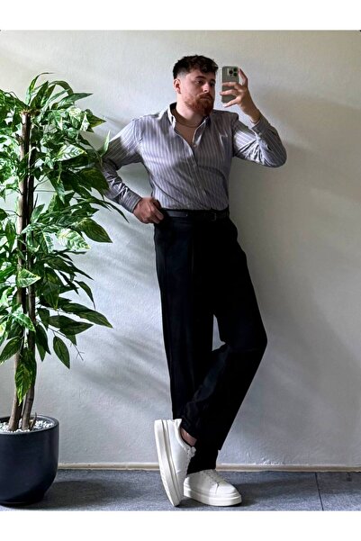 Arvens Men's Gray Striped Long Sleeve Slim Fit Stylish Office Casual Classic Combination Style Shirt
