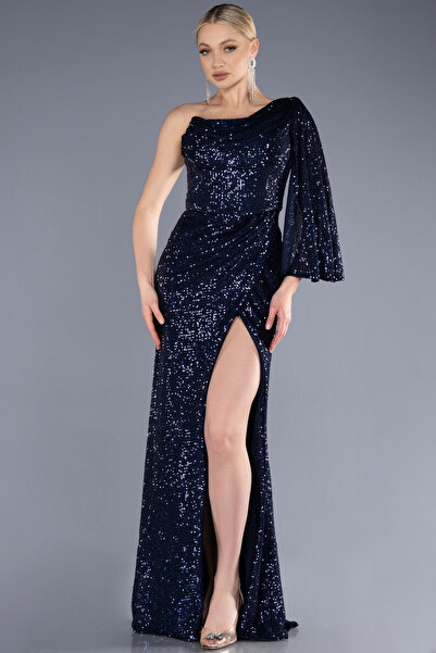 Abiyefon Lacivert Tek Omuz Bacak Dekolteli Uzun Pul Payet Abiye ABU3667