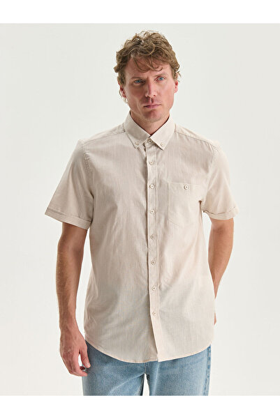 LC Waikiki Ανδρικό πουκάμισο μπεζ κανονικής εφαρμογής από λινό μείγμα