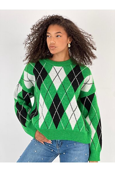 Miss Poem Women's Diamond Patterned Green Knit Sweater
