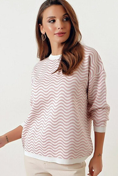 Yeslena Bisiklet Yakalı Manşetli Uzun Kollu İnce Dalga Çizgili Rahat Esnek Casual Triko Kazak
