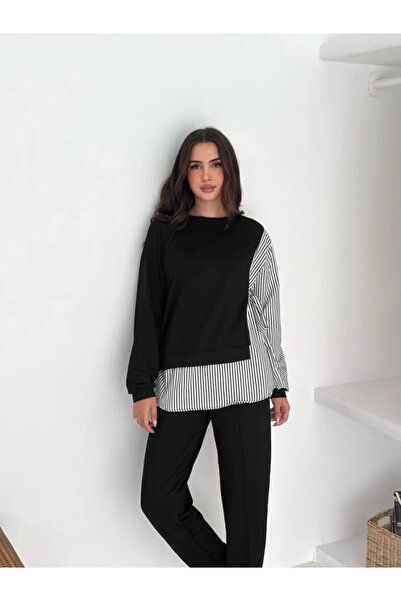 buHillco Modest Black Shirt Detail Striped Side Tie Women's Blouse and Pants 2-Piece Set