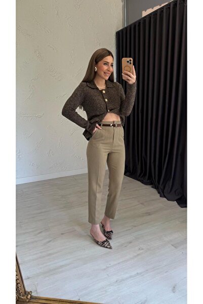 elif teke Pencil Belted High Waist Trousers Light Mink