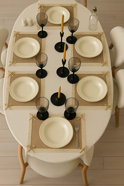 Gül Jüt Kumaş Dantelli Fiyonklu 6’lı El Yapımı Supla Takımı