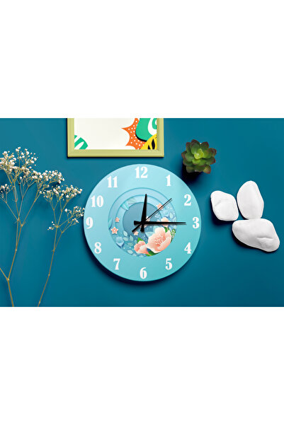 M&H Quality Mdf Wall Clock with Blue Spring Flowers Design and Silent Mechanism