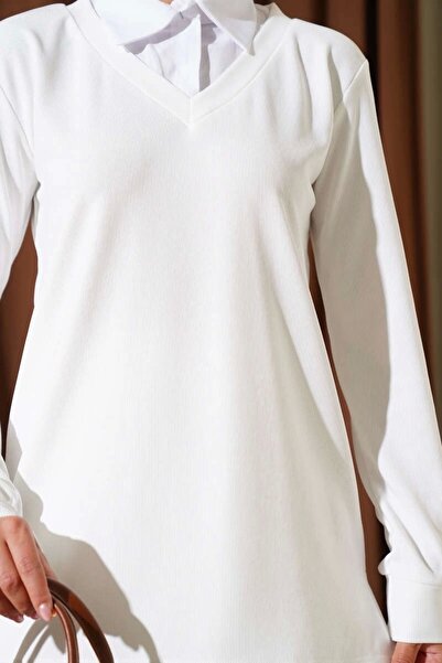 Ruby Shirt collar ribbed loose double set white t4300