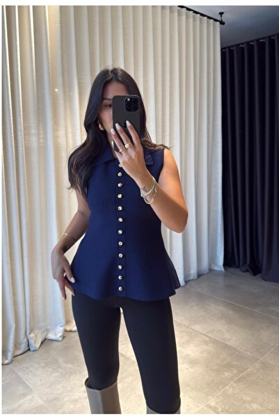 CADDELAMODA Women's Steel Knitted Gold Buttoned Blouse