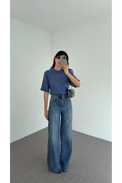 HAZELANNA Blugi Palazzo albastru cu tăietură la gleznă