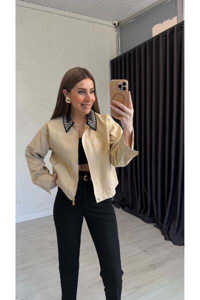 elif teke Leather Collar Short Trench Coat Jacket Beige