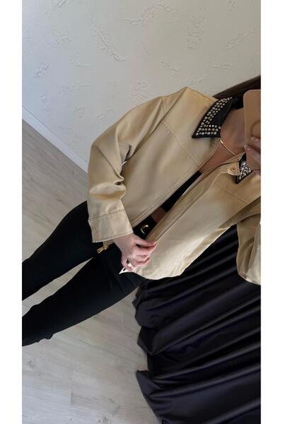 elif teke Leather Collar Short Trench Coat Jacket Beige