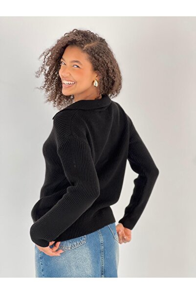 Miss Poem Metal Detailed V-Neck Long Sleeve Black Women's Knitwear Sweater