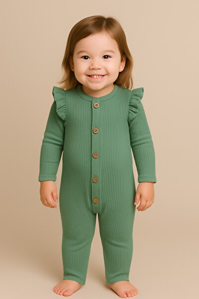 TANIŞ BEBE Yeşil Fırfır Detaylı Kız Bebek Tulum (butik)