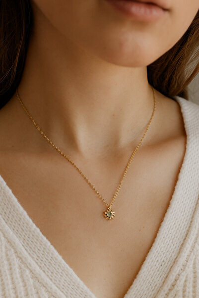 staınless steel Yeşil Taşlı Zarif Vintage Mini Güneş Çelik Kolye(Çapı:0,5cm)