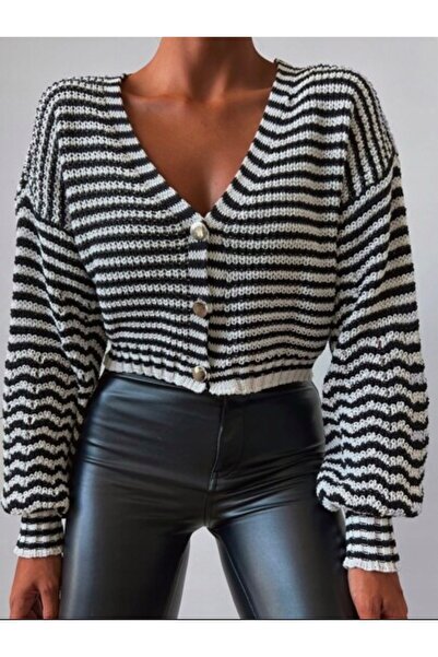 glztriko Women's Striped Metal Button Crop Cardigan Glz047