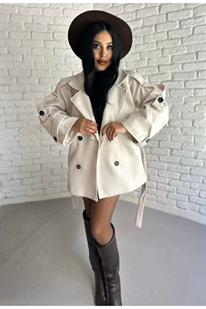 moneta boutique Women's Belted Oversized Short Cashmere Coat