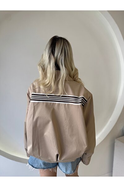 FEHUBLOOM Women's Beige Stripe Detailed Bomber Jacket