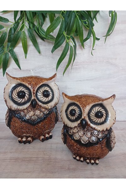 Firuze Hediyelik Baykuş Dekor, İkili Baykuş Dekoratif Biblo, Kahverengi Bayku...