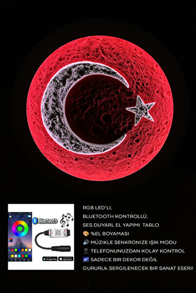 Woodnity El Yapımı Türk Bayrağı Ay Tablo 52 cm – RGB Bluetooth Kontrollü Ses Duyarlı LED Işıklı Duvar Dekoru