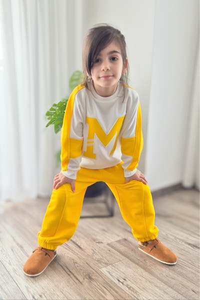 My Baby's World M Applique Embroidered Children's Garnished Tracksuit Set Pink / Yellow (2-9 Years)