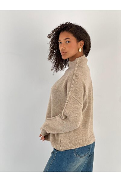 Miss Poem Women's Draped Half Turtleneck Beige Knit Sweater