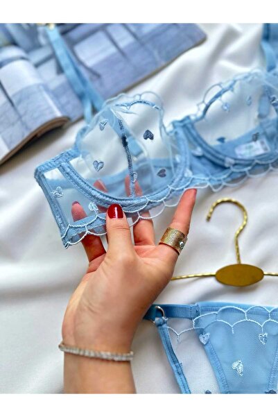 La Linaa Set sutien și chiloți din dantelă albastră pentru femei Valentina