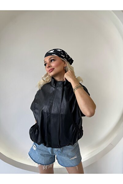 FEHUBLOOM Women's Black Drawstring Detailed Stand Collar Oversize Leather Vest