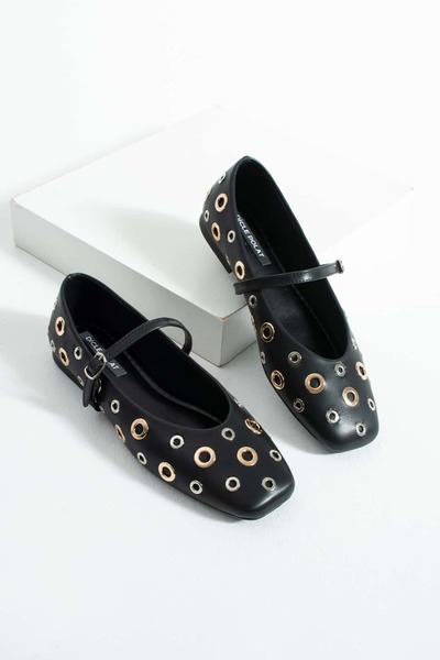 diclepolat Women's Black Ballet Flats with Metal Ring Detail and Belt Casual Shoes Luce