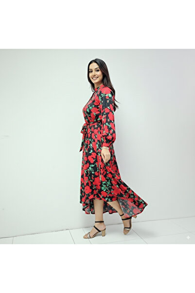 dorbe Retro Floral Printed Stand Collar Full Sleeves Split Design Long Maxi Abaya Dress