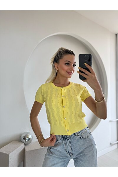 FEHUBLOOM Women's Yellow Short Sleeve Buttoned Cardigan