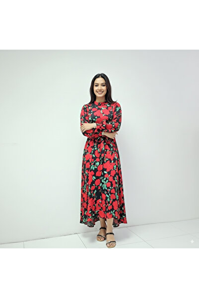 dorbe Retro Floral Printed Stand Collar Full Sleeves Split Design Long Maxi Abaya Dress