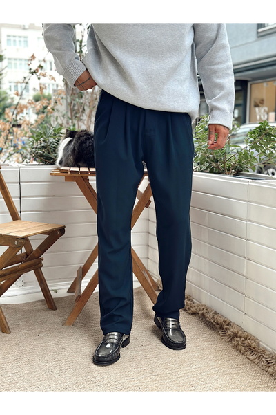 manch collection Pileli Baggy Kumaş Pantolon Lacivert