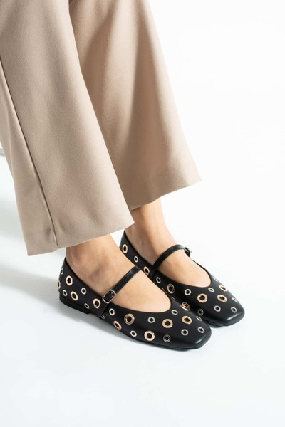 diclepolat Women's Black Ballet Flats with Metal Ring Detail and Belt Casual Shoes Luce