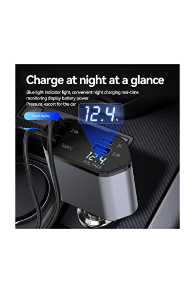 Hope 4 in 1 Retractable 60W Fast Car Charger Adapter with USB & Type-C Ports – Lightning Compatible