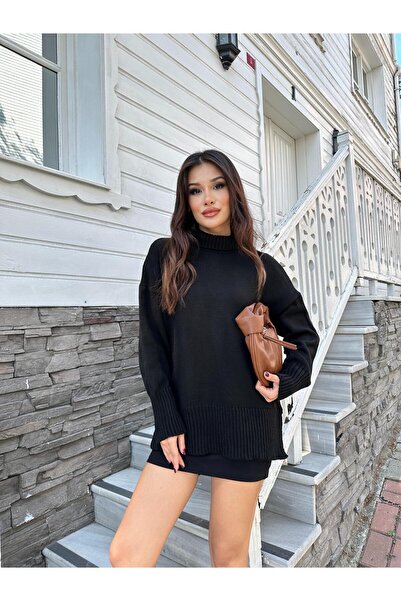 TOFİX textile سترة تريكو شتوية كبيرة الحجم بياقة صياد وأكتاف منخفضة