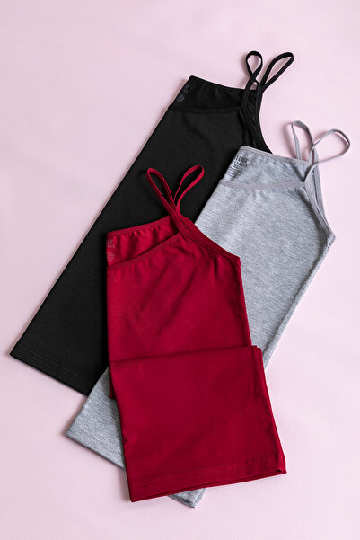 SATENIA LINGERIE Women's Black Burgundy Gray 3-Pack String Strap Lycra Tank Top