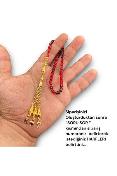 Kt HARFLİ ATEŞ KEHRİBAR TESBİH KAPSÜL KESİM BİLEK BOY ALTIN KAPLAMA PÜSKÜLLÜ