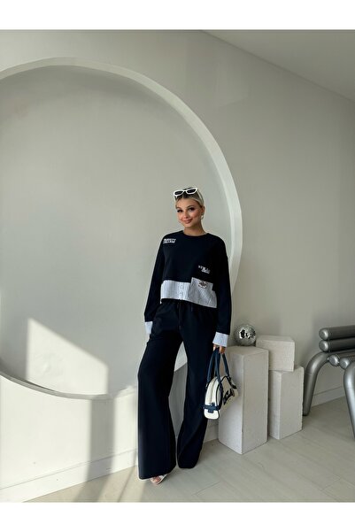 FEHUBLOOM Women's Navy Blue Striped Sweat Pants Top and Bottom Set