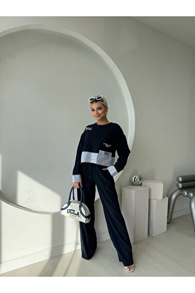 FEHUBLOOM Women's Navy Blue Striped Sweat Pants Top and Bottom Set