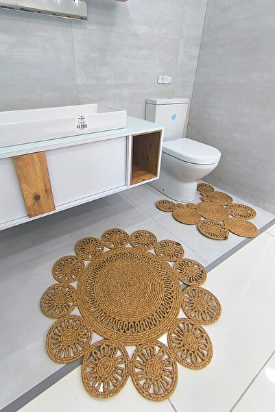 GNG Home Tekstil Gng Home Covoraș rotund din frânghie de iută pentru toaletă dublă și covoraș pentru baie