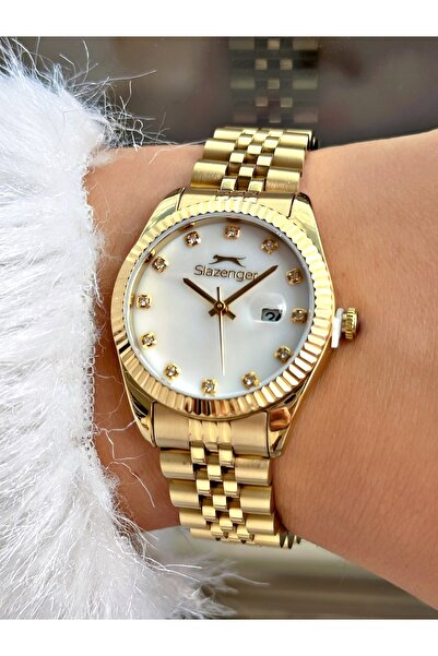 Slazenger Steel Cord Calendar 5 Atm Waterproof Gold Color Women Wristwatch 2240