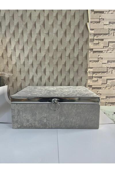 ORUÇ BEY Velvet Covered Luxury Storage Box Gray Silver - Dowry, Gift and Decorative Arrangement Box