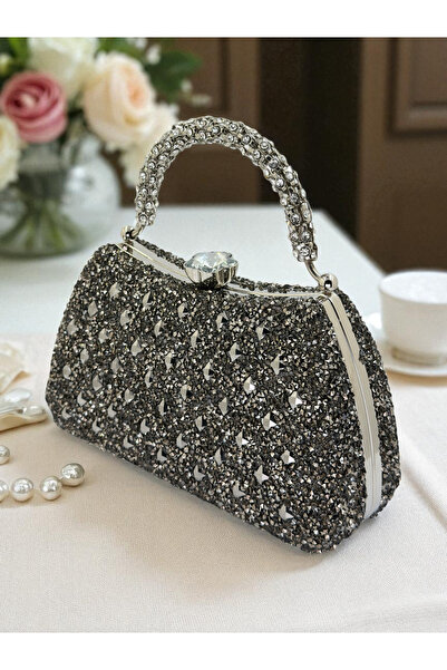 Biçanta Special Design Anthracite Gray Platinum Color Fully Stone-Encrusted Handle Women's Evening Dress Bag Wedding Engagement Prom