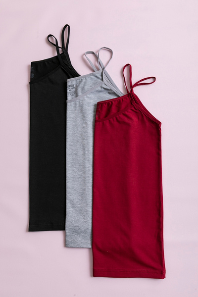 SATENIA LINGERIE Women's Black Burgundy Gray 3-Pack String Strap Lycra Tank Top