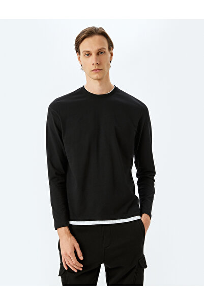 Koton Bisiklet Yaka Renk Kontrast Detaylı Pamuklu Uzun Kollu Tişört